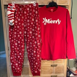 Red Merry Pajamas Set with socks. Can be men or women’s wear. Smoke & pet free